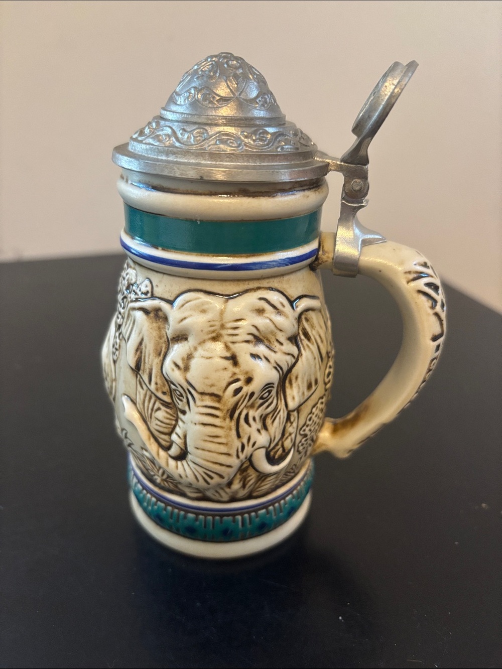 Elephant Ceramic Beer Stein with Pewter Lid - Cream & Teal